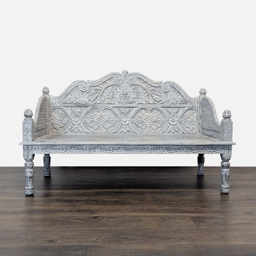 Used Living Spaces Carved Back Sofa Bench for sale on AptDeco