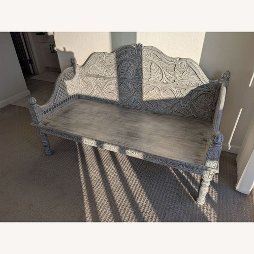 Used Living Spaces Carved Back Sofa Bench for sale on AptDeco