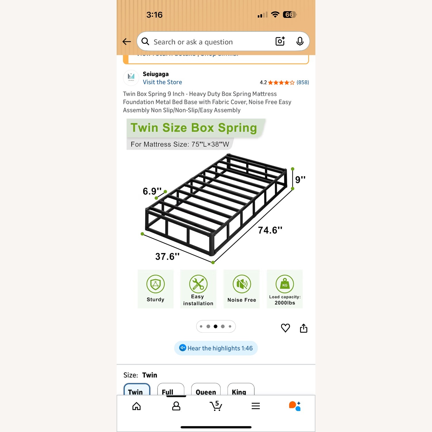 Amazon Light Gray Fabric Twin Bed - image-7