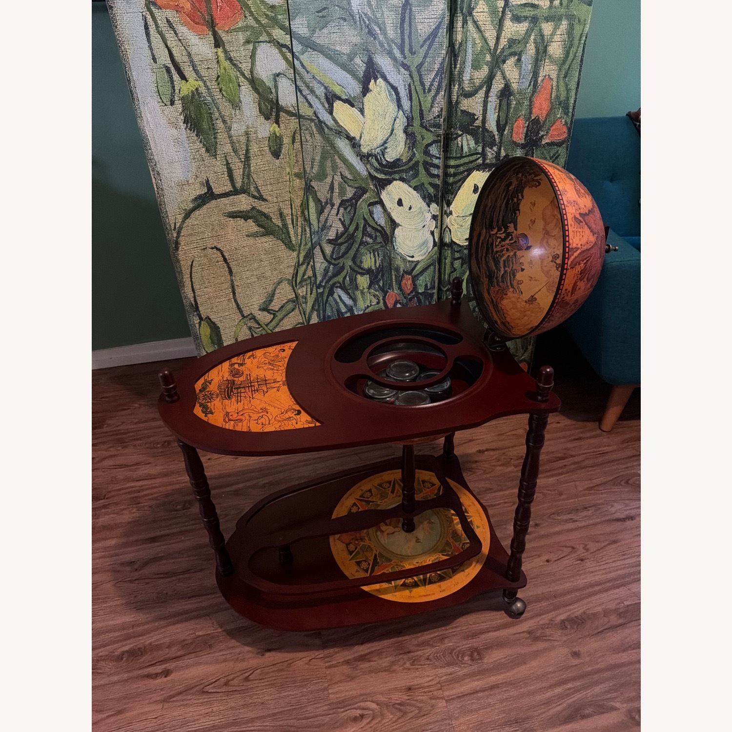 Old World Extended Shelf Italian Replica Globe Bar Cart - image-2