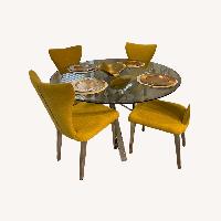 Gold Fabric Dining Chairs and Glass Top Table