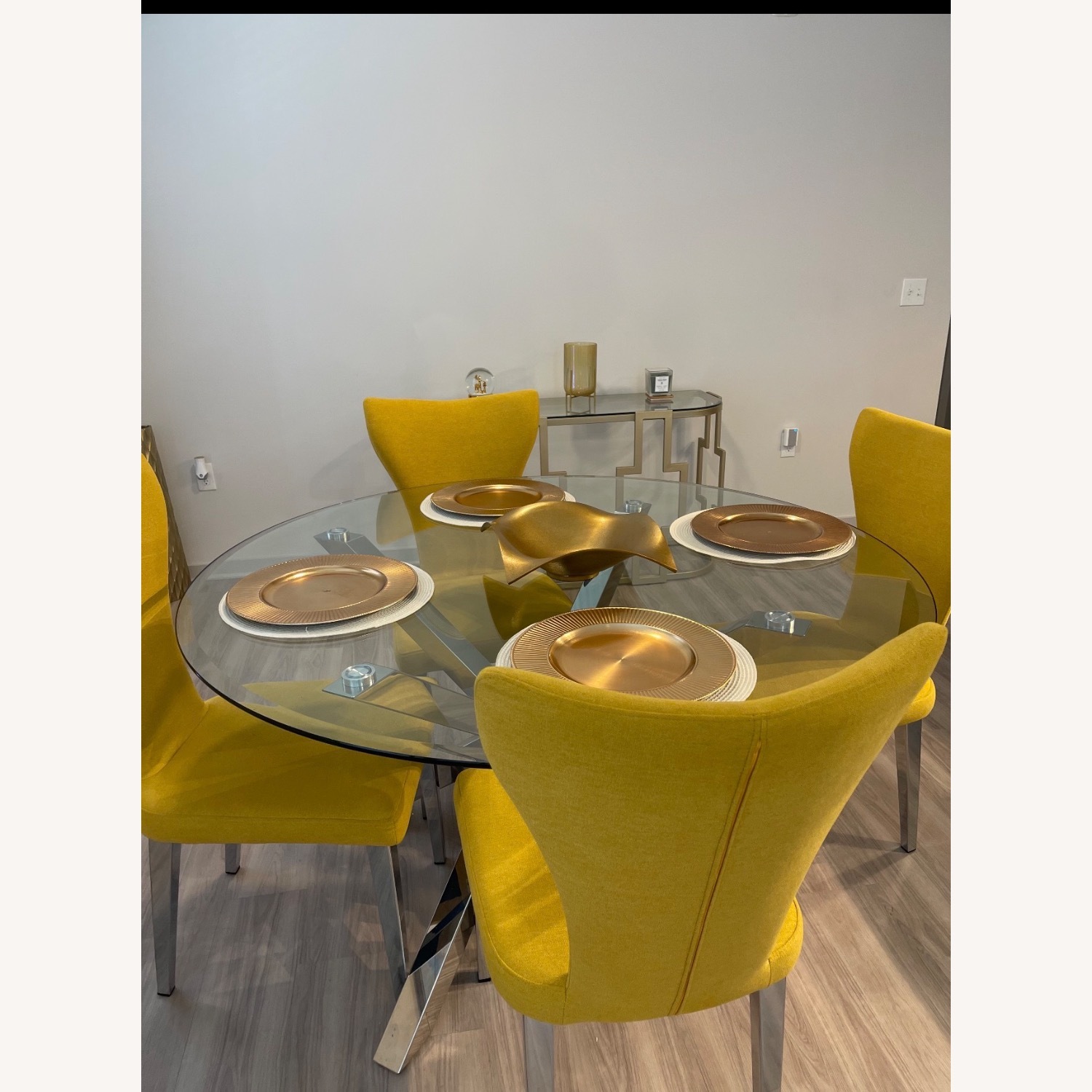 Gold Fabric Dining Chairs and Glass Top Table  - image-1