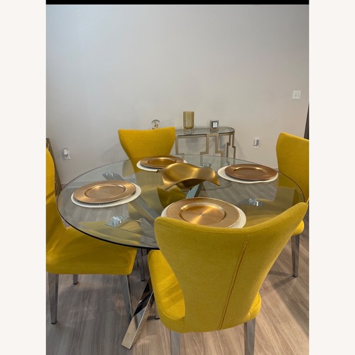 Used Gold Fabric Dining Chairs and Glass Top Table  for sale on AptDeco