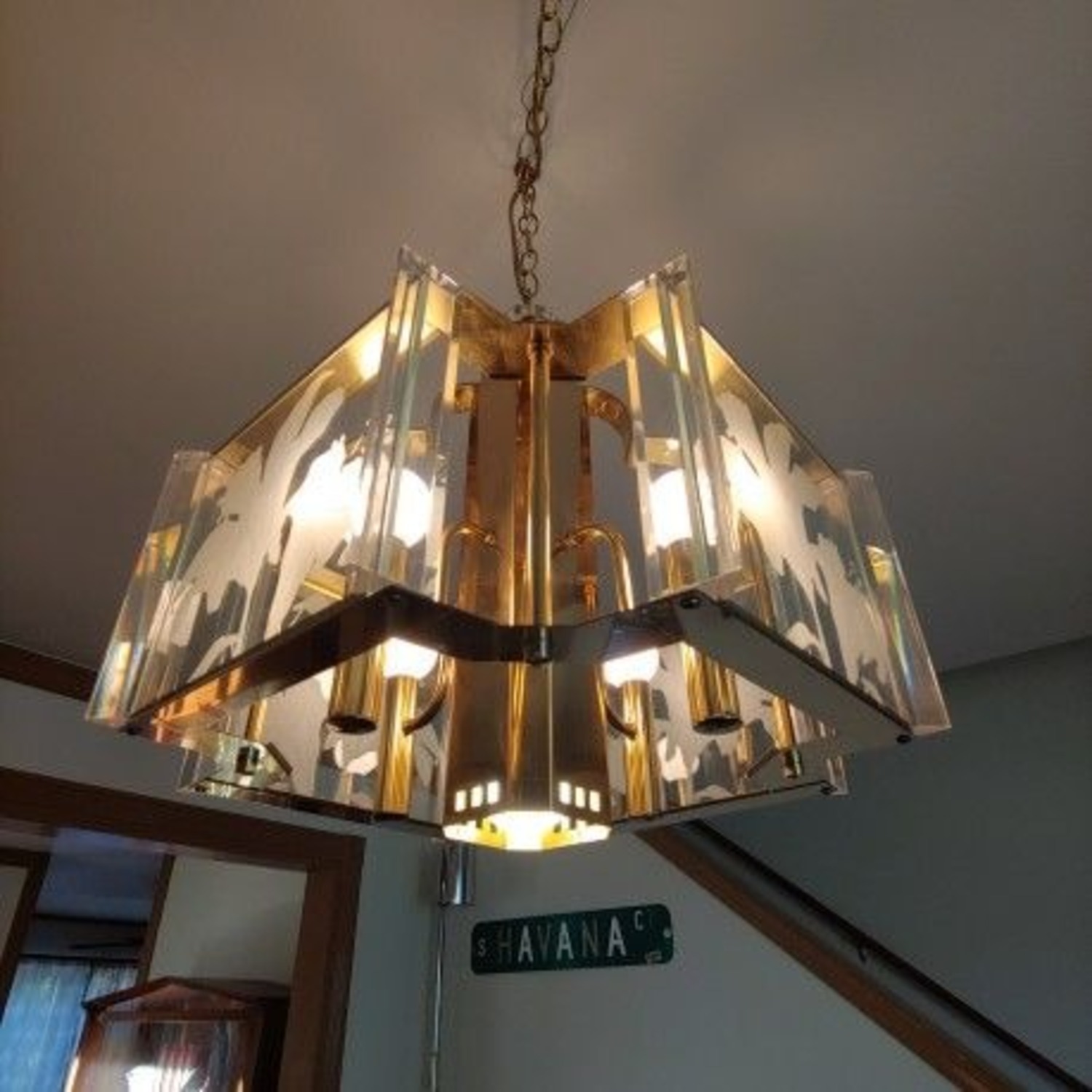 1980s Fredrick Ramond Glass Brass Chandelier - image-4