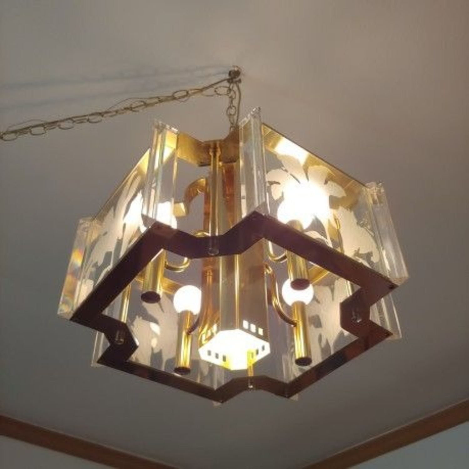 1980s Fredrick Ramond Glass Brass Chandelier - image-3