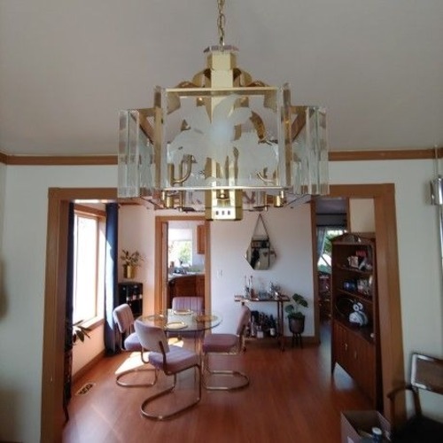 Used 1980s Fredrick Ramond Glass Brass Chandelier for sale on AptDeco