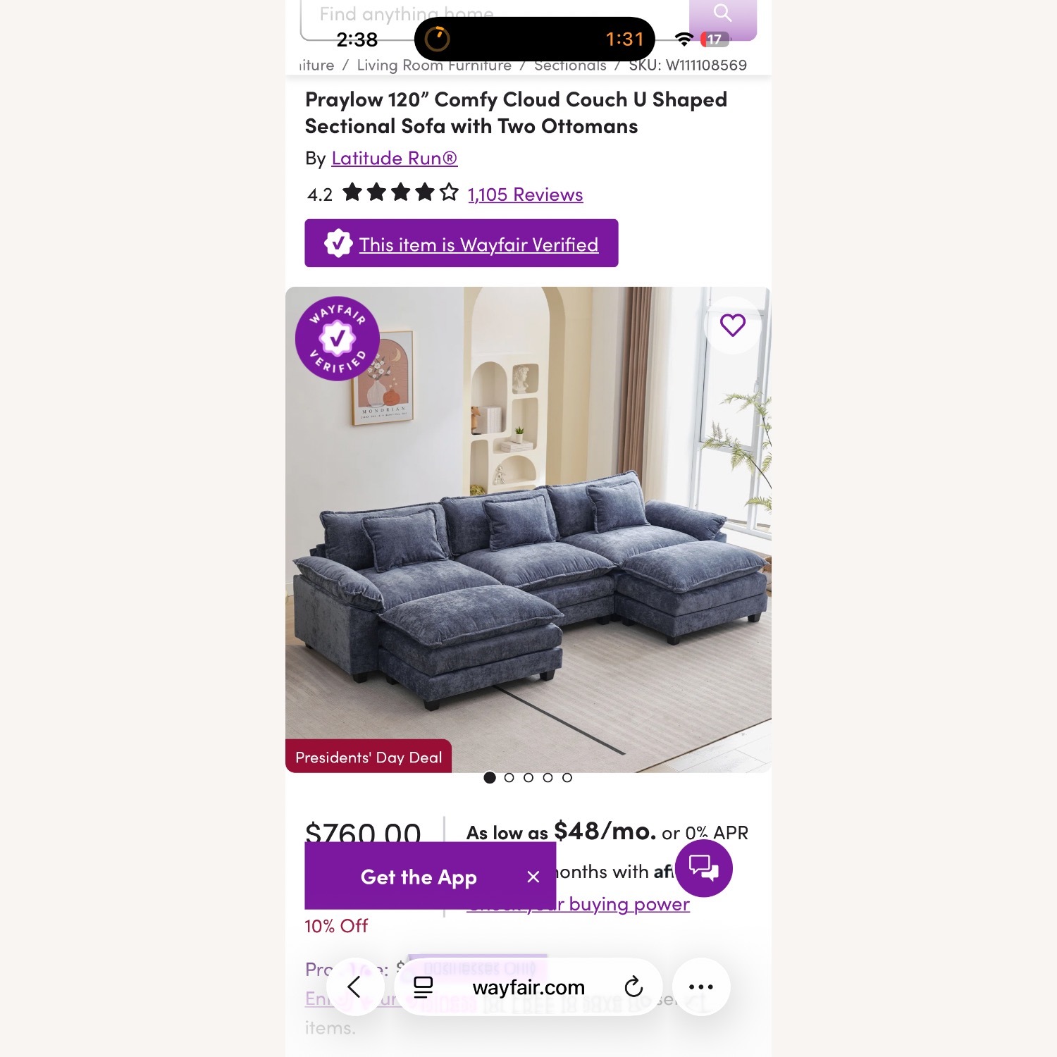 Praylow 120” Comfy Cloud Couch U Shaped Sectional Sofa with Two Ottomans - image-1