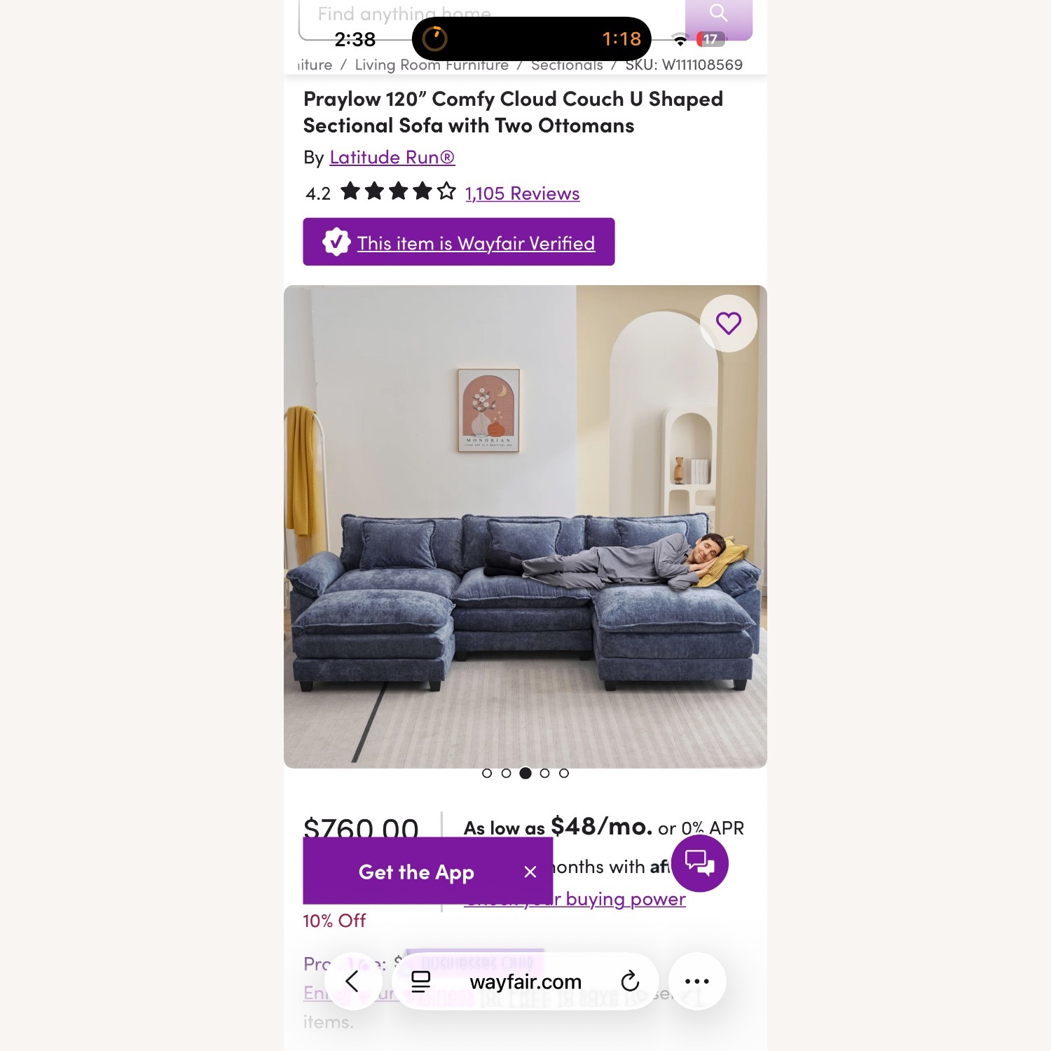 Praylow 120” Comfy Cloud Couch U Shaped Sectional Sofa with Two Ottomans - image-2