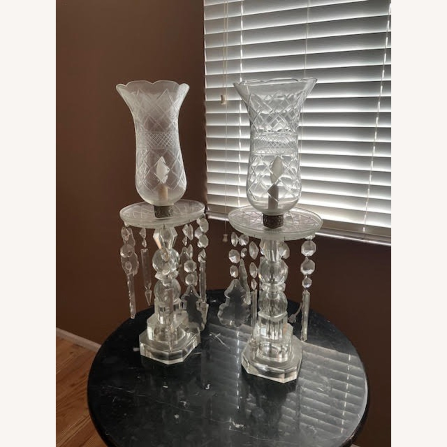 Pair of Vintage Crystal Electric Hurricane Lamps - image-1