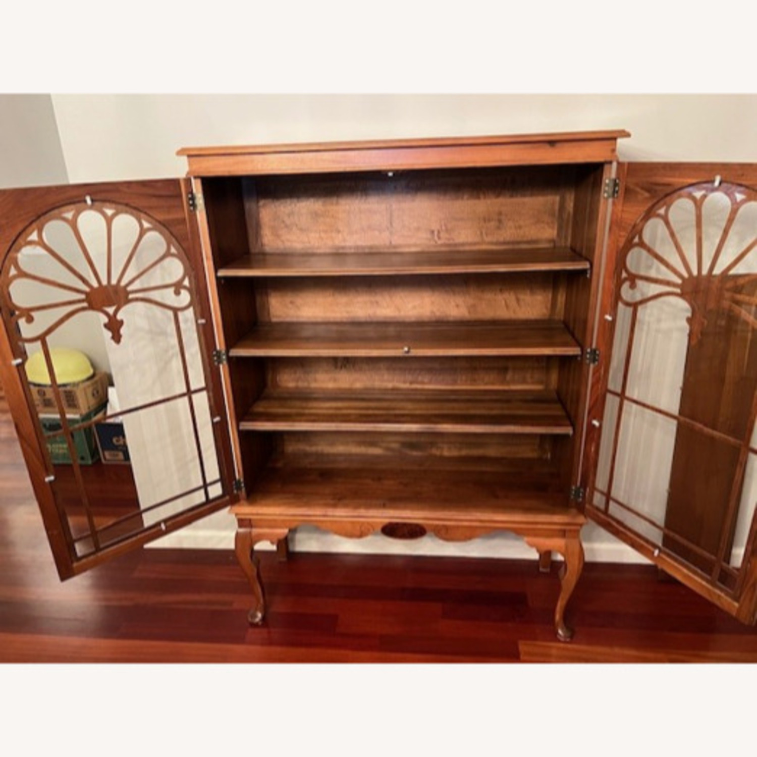 Antique Queen Anne Glass Door Cherry Wood Bookcase - image-2