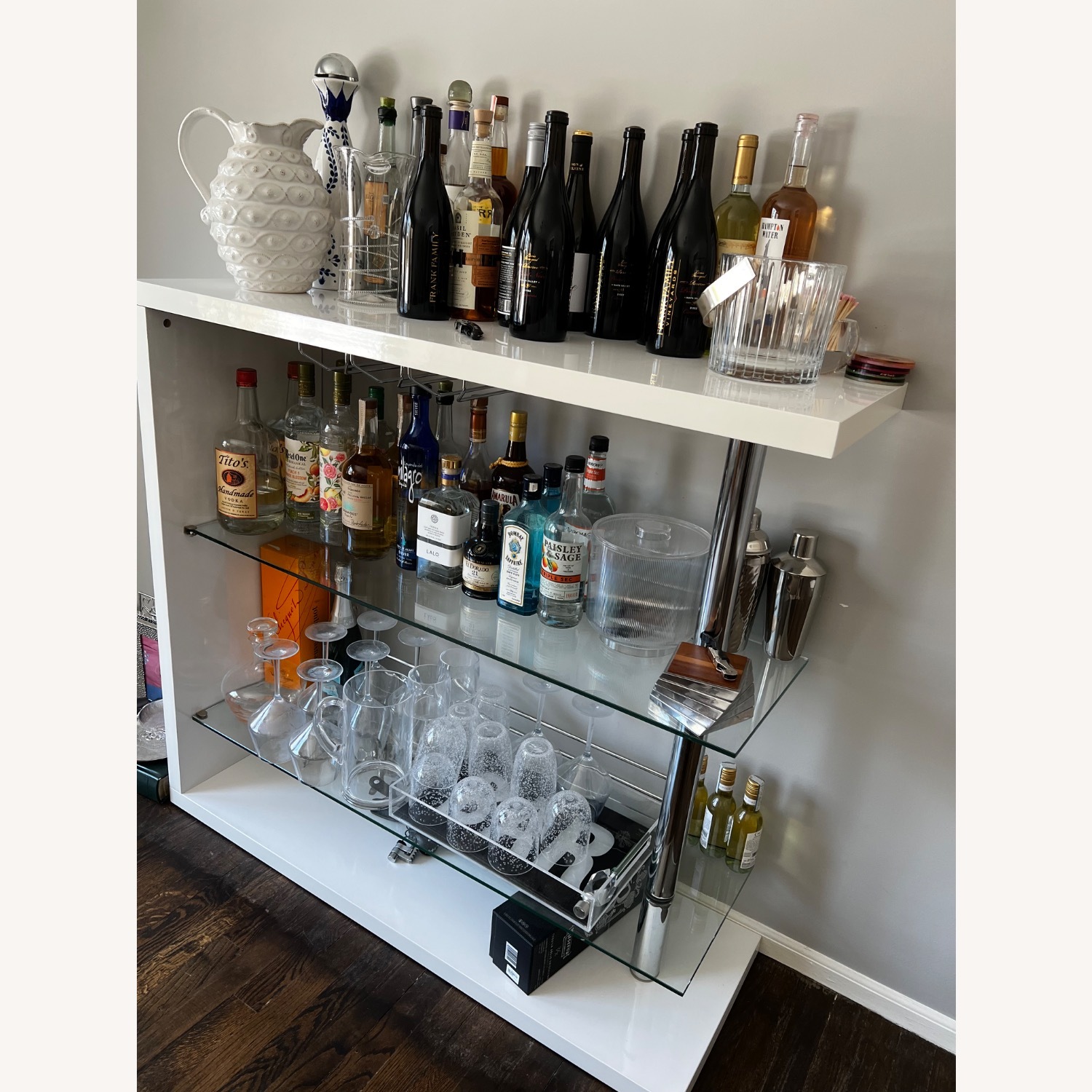 Home Goods White Modern Glass and Chrome Bar Cart - image-2