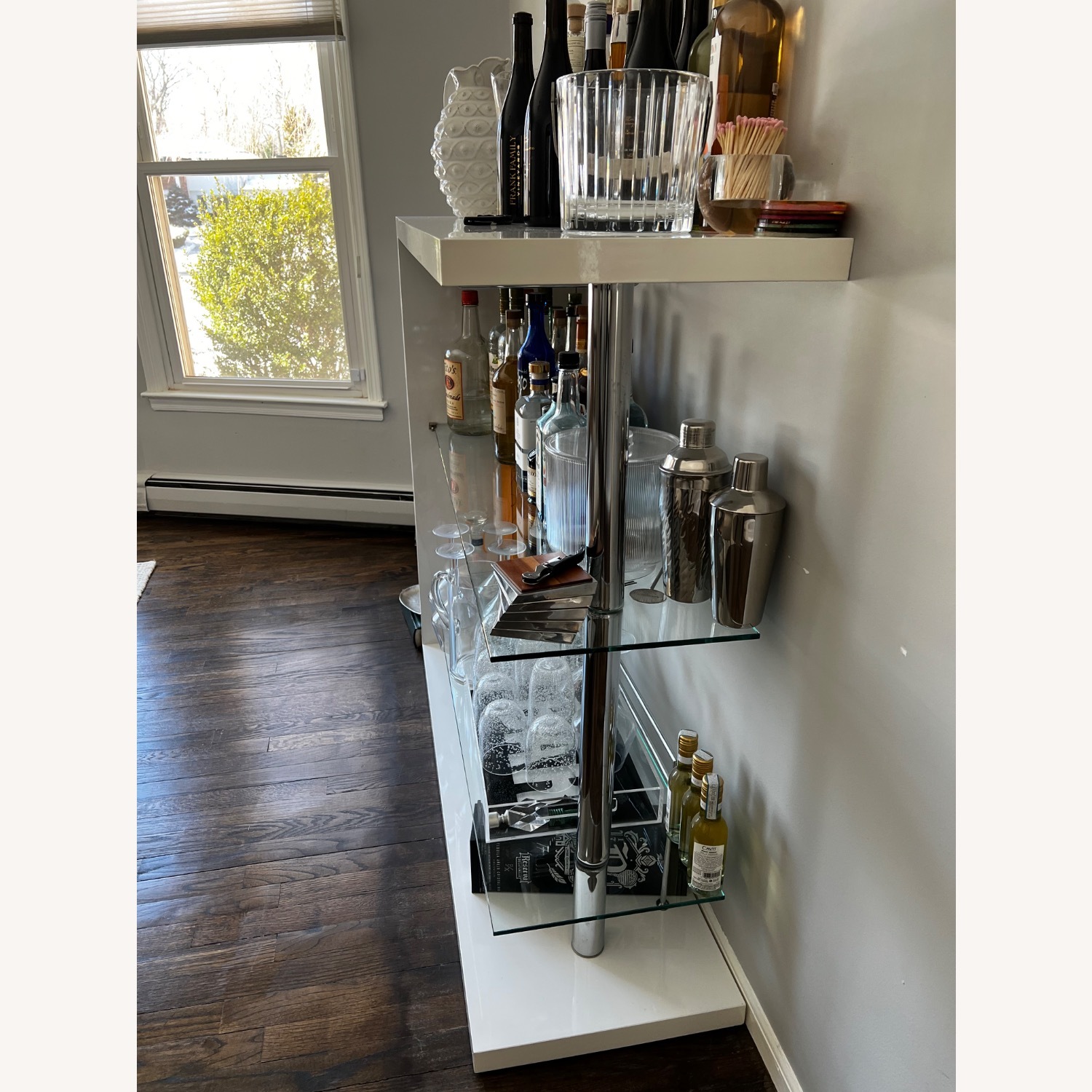 Home Goods White Modern Glass and Chrome Bar Cart - image-1