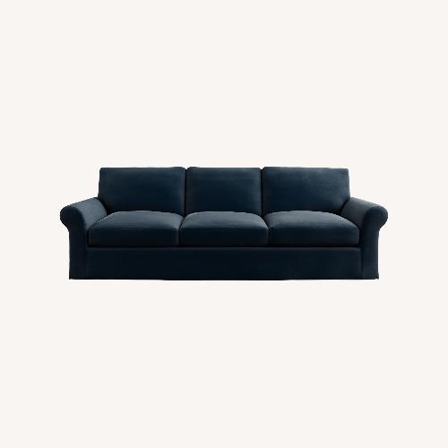 Used Pottery Barn PB Comfort Roll Arm Blue Velvet 2 Piece Sectional for sale on AptDeco