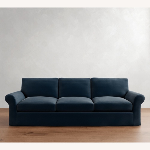 Used Pottery Barn PB Comfort Roll Arm Blue Velvet 2 Piece Sectional for sale on AptDeco