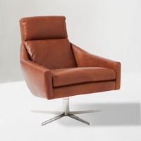 West Elm Austin Brown Leather Swivel Armchair and Ottoman