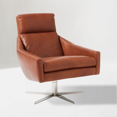 Used West Elm Austin Brown Leather Swivel Armchair and Ottoman for sale on AptDeco