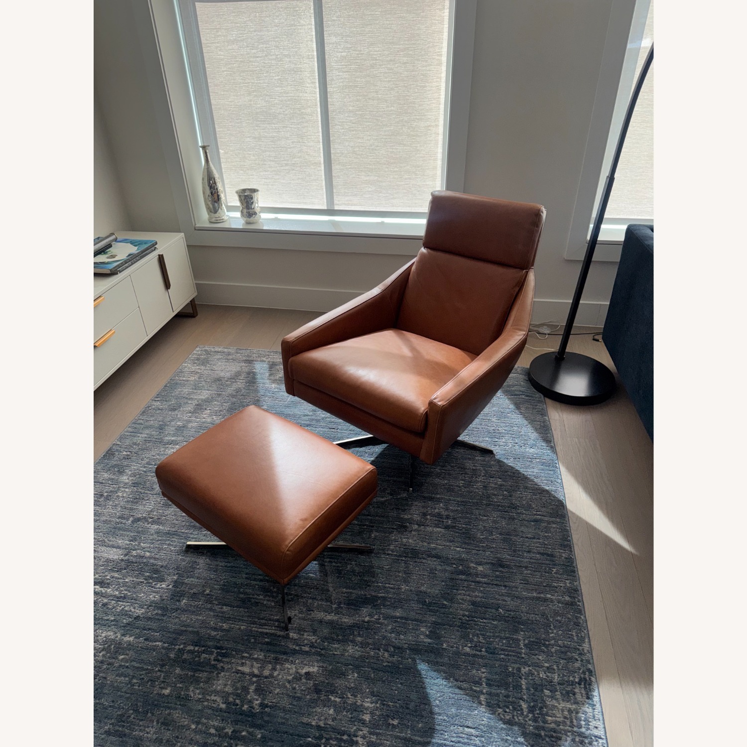 West Elm Austin Brown Leather Swivel Armchair and Ottoman - image-1