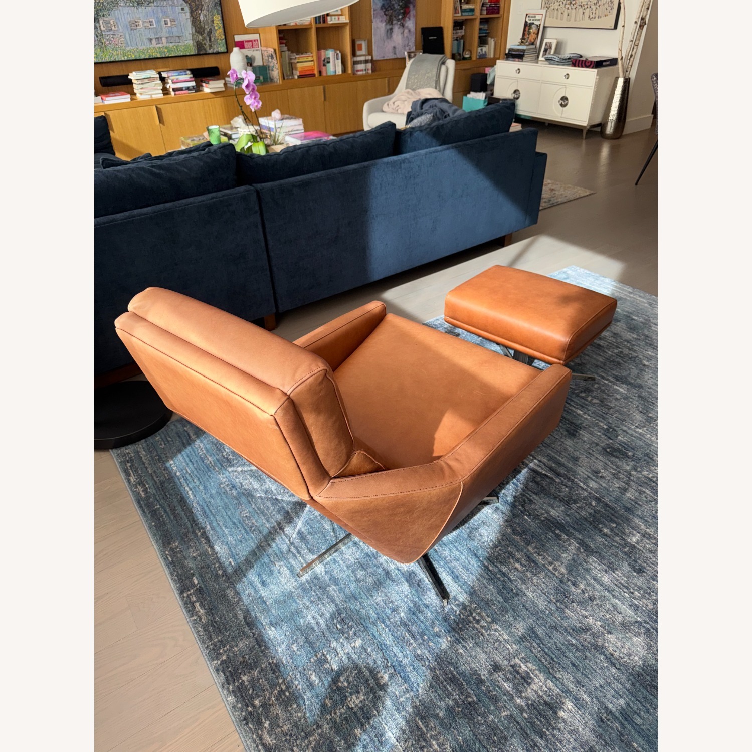West Elm Austin Brown Leather Swivel Armchair and Ottoman - image-2