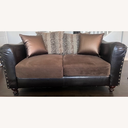 Used Living Spaces Dark Brown Fabric Loveseat for sale on AptDeco