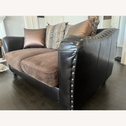Used Living Spaces Dark Brown Fabric Loveseat for sale on AptDeco