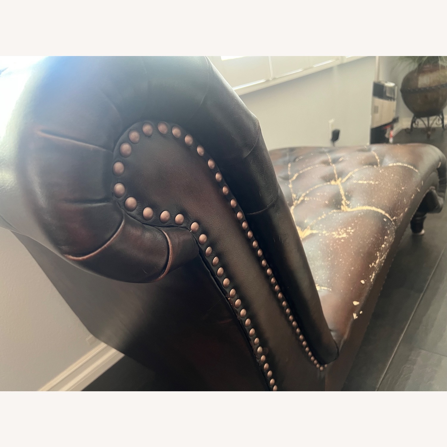 Living Spaces Dark Brown Leather Chaise Lounge - image-2
