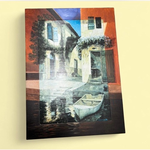 Used Canvas Print of a Boat in a Italian Town for sale on AptDeco