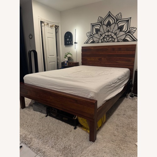 Used West Elm Stria Dark Brown Wood Queen Bed for sale on AptDeco