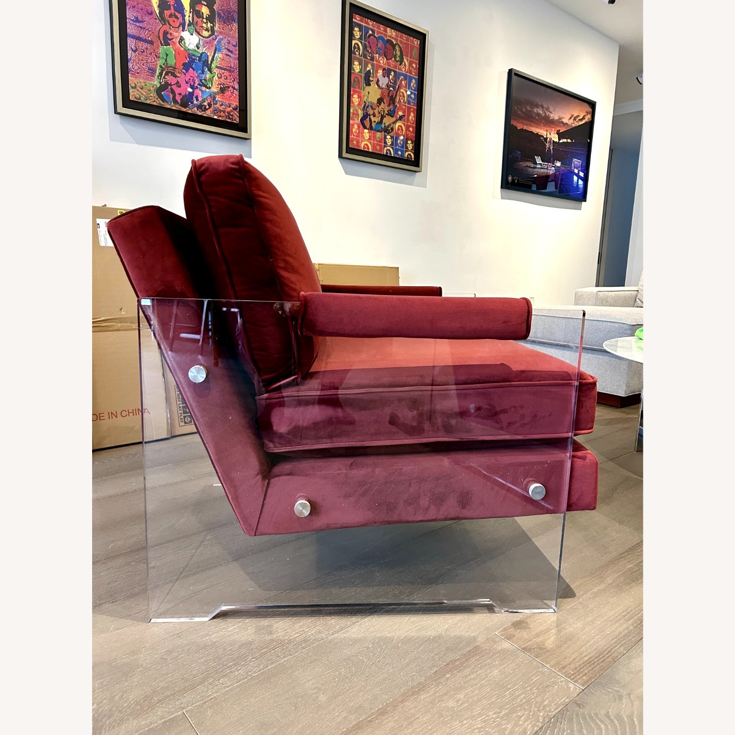 Red Velvet Accent Chairs with Lucite Arms (Pair) - image-6