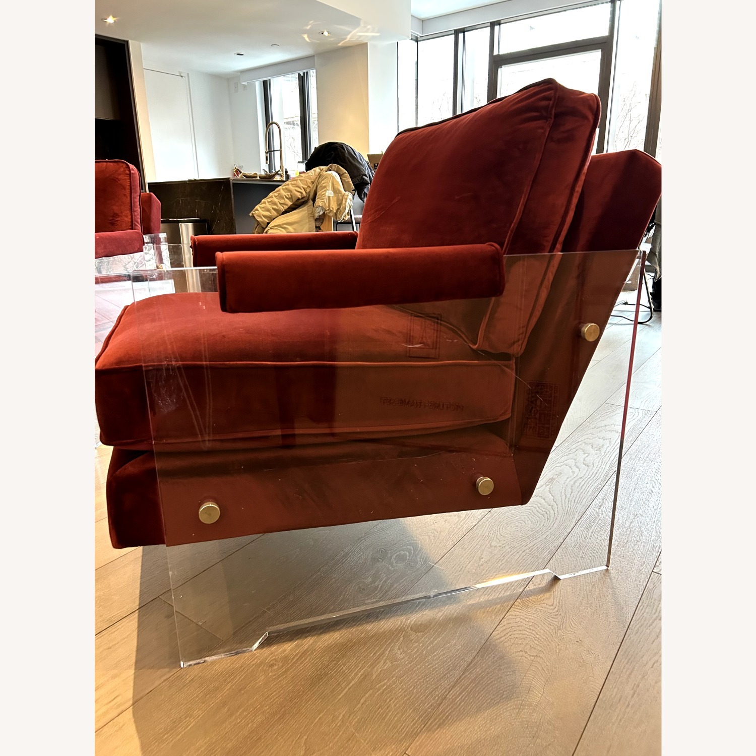 Red Velvet Accent Chairs with Lucite Arms (Pair) - image-8