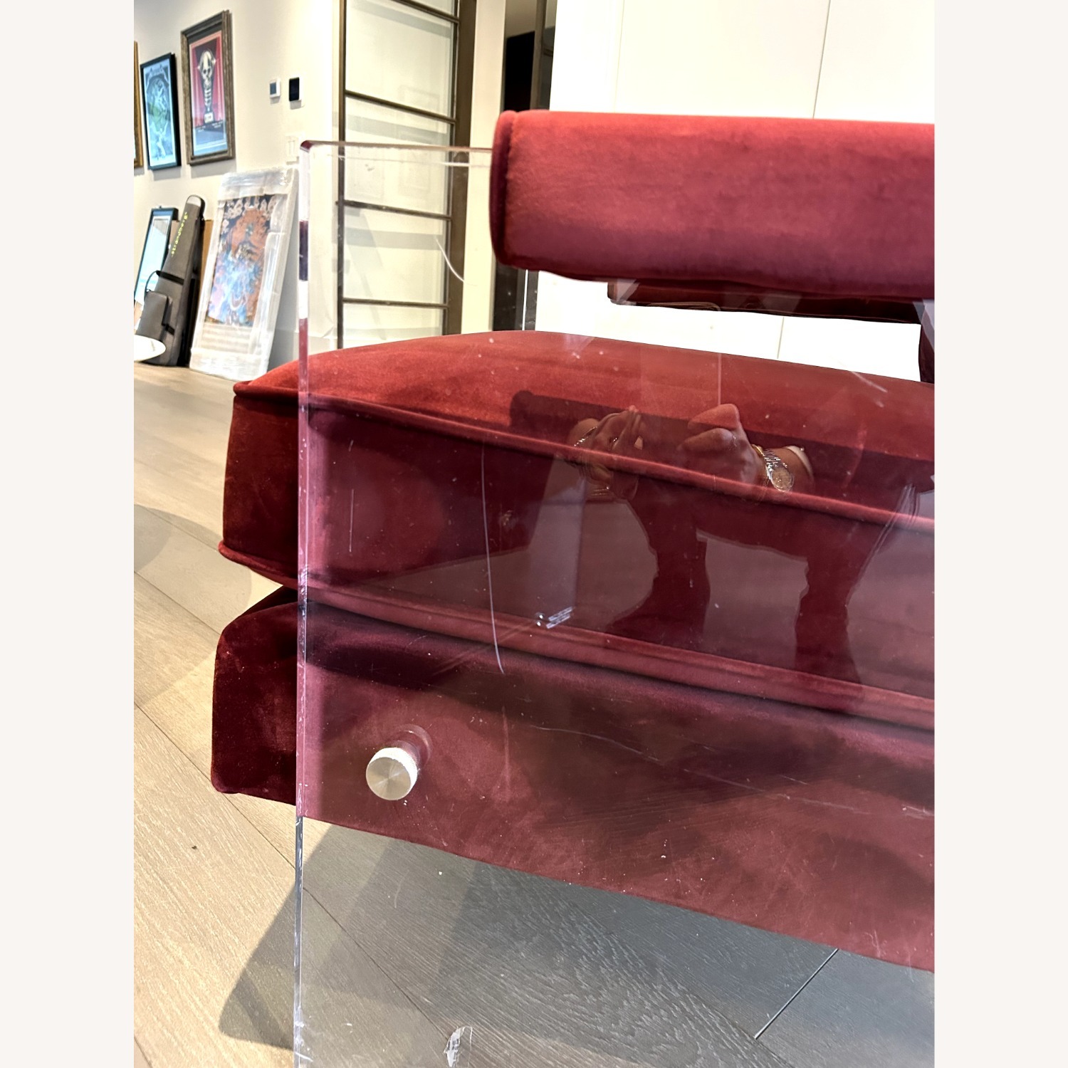 Red Velvet Accent Chairs with Lucite Arms (Pair) - image-10
