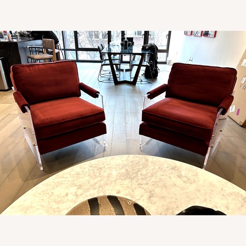 Used Red Velvet Accent Chairs with Lucite Arms (Pair) for sale on AptDeco