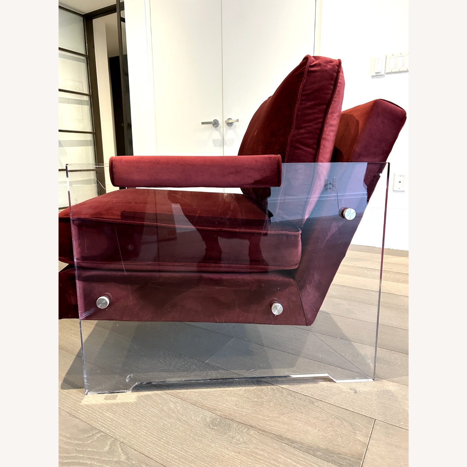 Red Velvet Accent Chairs with Lucite Arms (Pair) - image-11