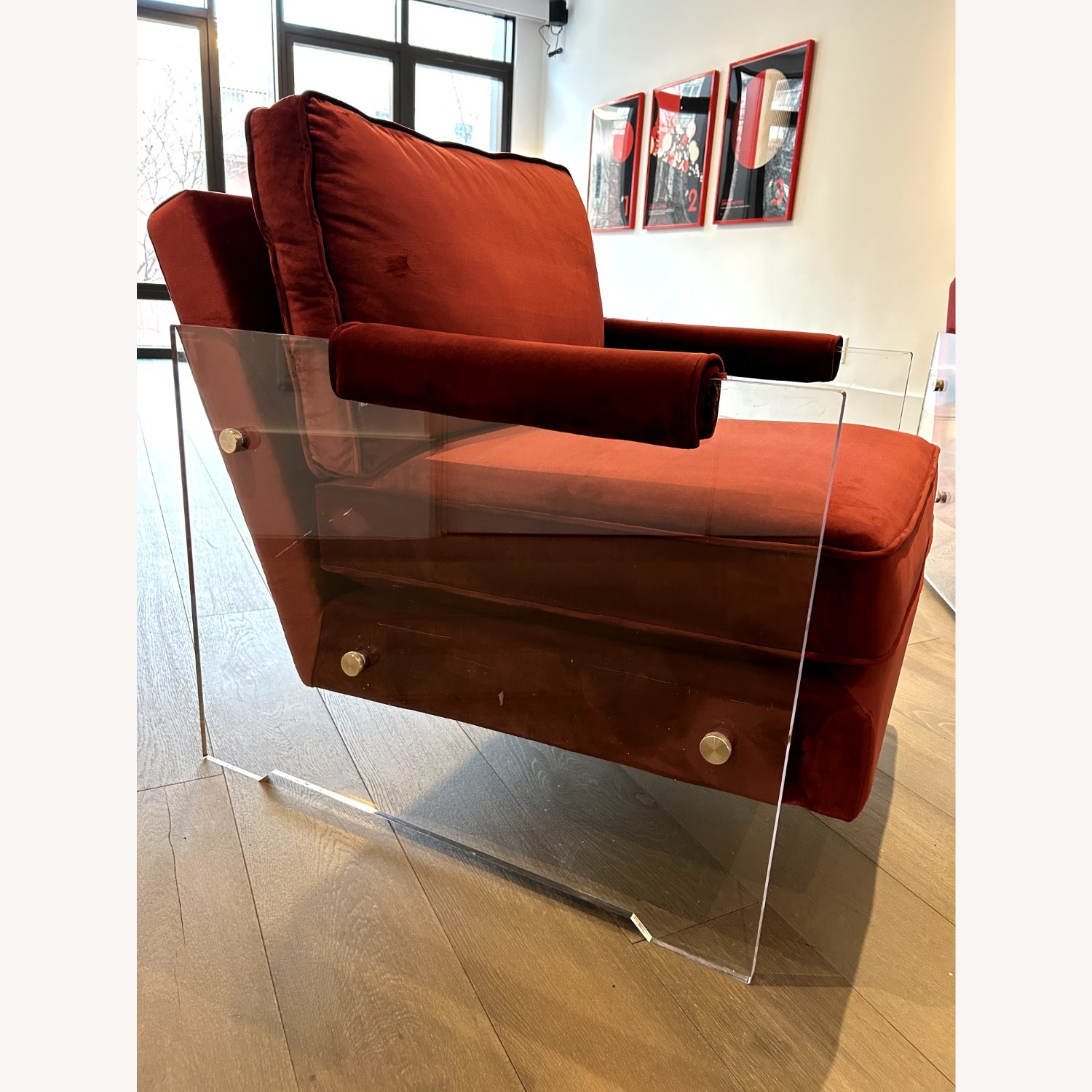 Red Velvet Accent Chairs with Lucite Arms (Pair) - image-14