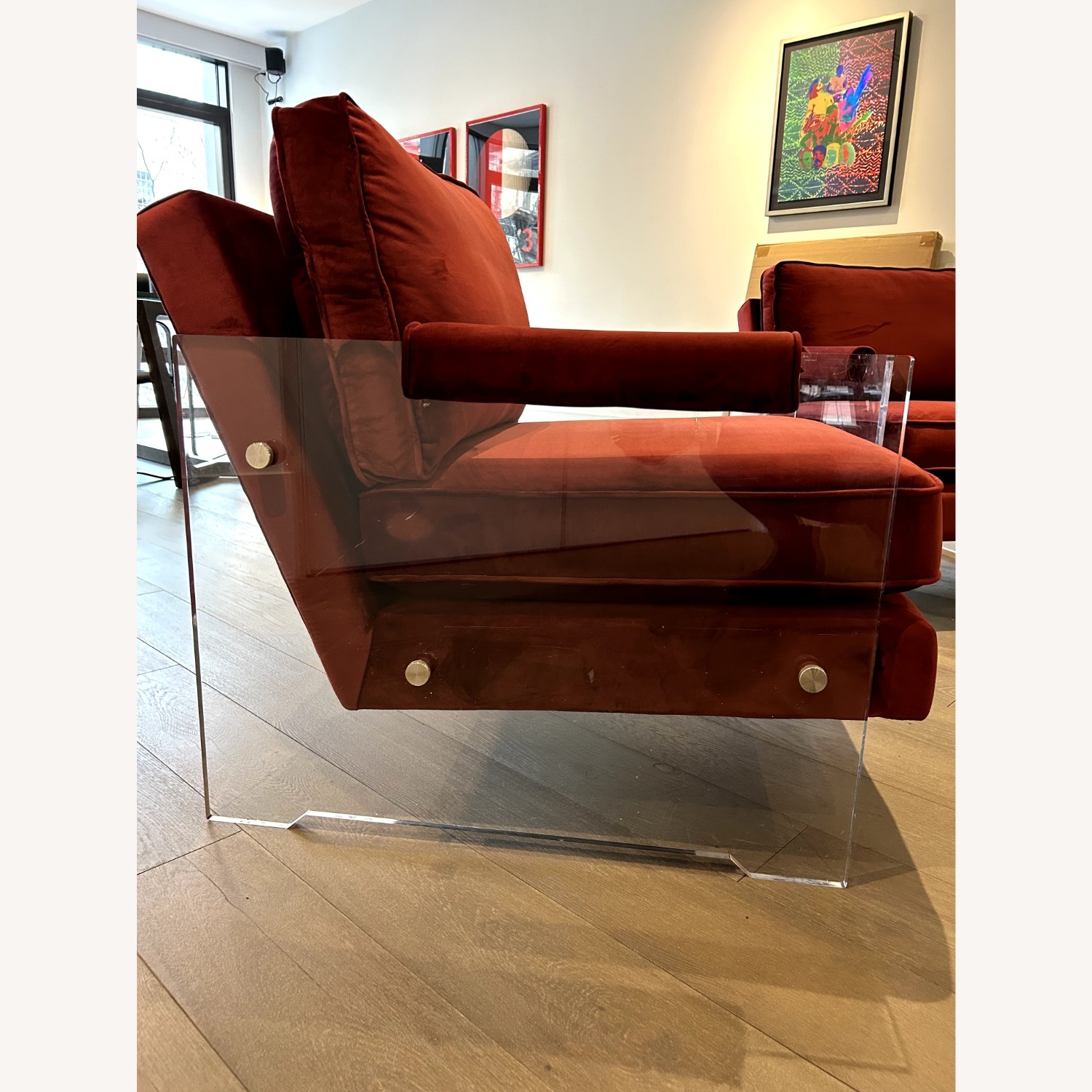 Red Velvet Accent Chairs with Lucite Arms (Pair) - image-13