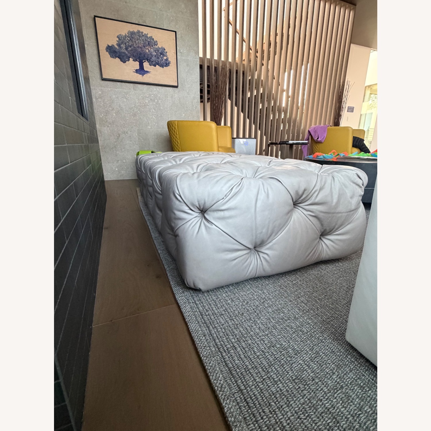 Restoration Hardware Soho Light Gray Leather Ottoman - image-4