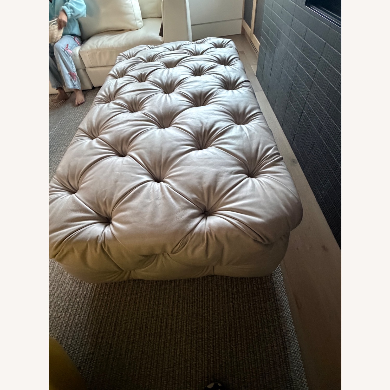 Restoration Hardware Soho Light Gray Leather Ottoman - image-6