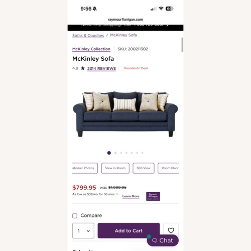 Used Mckinley Collection Blue Leather 3+ Seater Sofa for sale on AptDeco