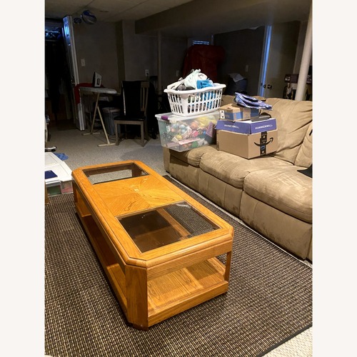 Used Bi-Level Solid Oak and Glass Coffee Table  for sale on AptDeco