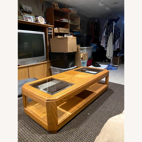 Used Bi-Level Solid Oak and Glass Coffee Table  for sale on AptDeco