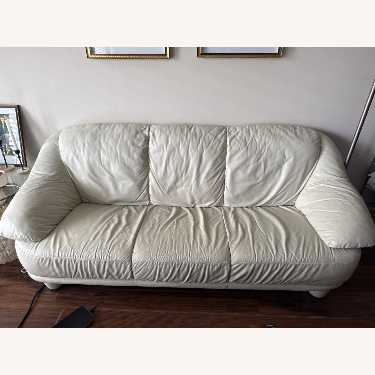 Cream Leather 3 Seater Sofa - image-0