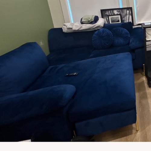 Used Walmart Blue Suede L Shaped Couch for sale on AptDeco