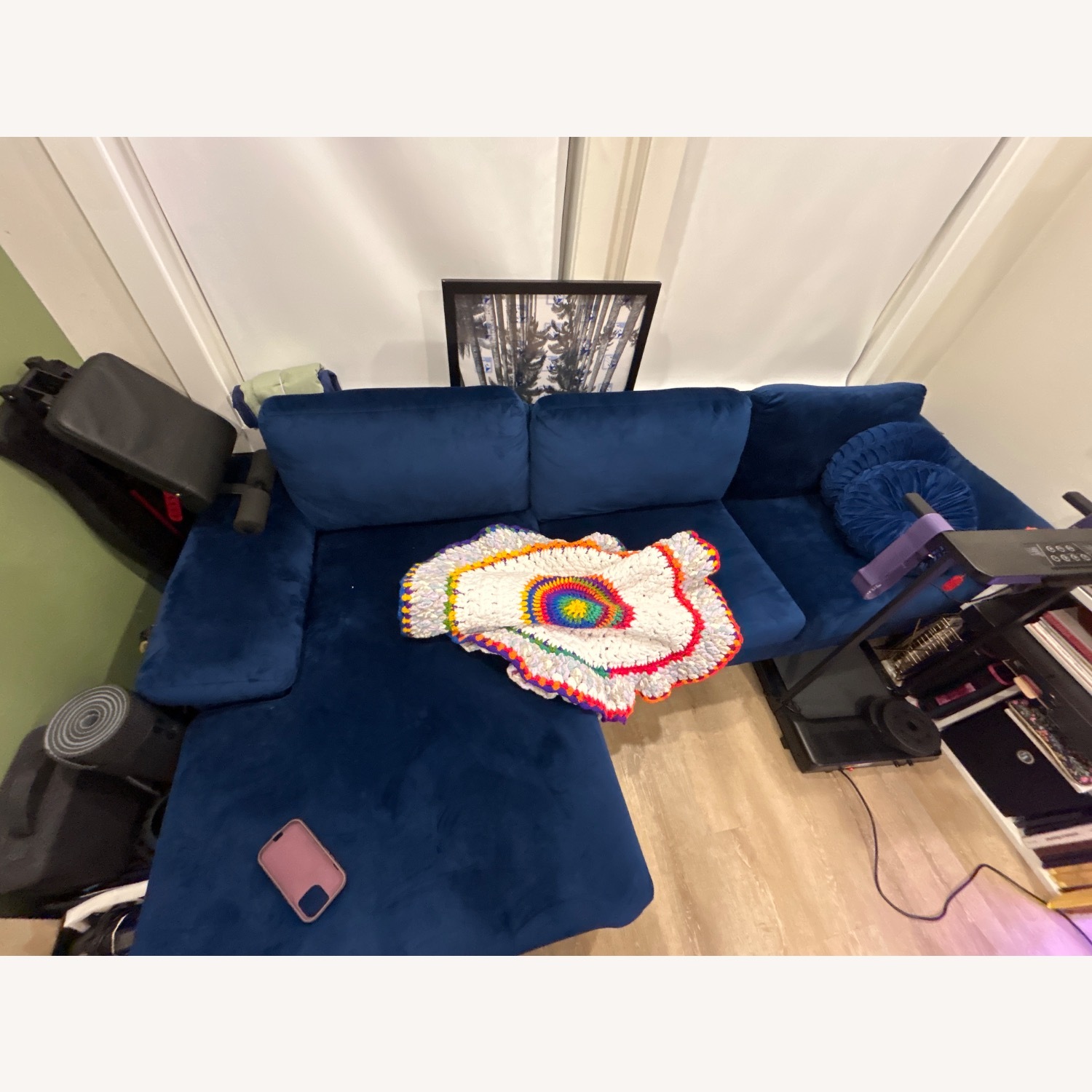 Walmart Blue Suede L Shaped Couch - image-3