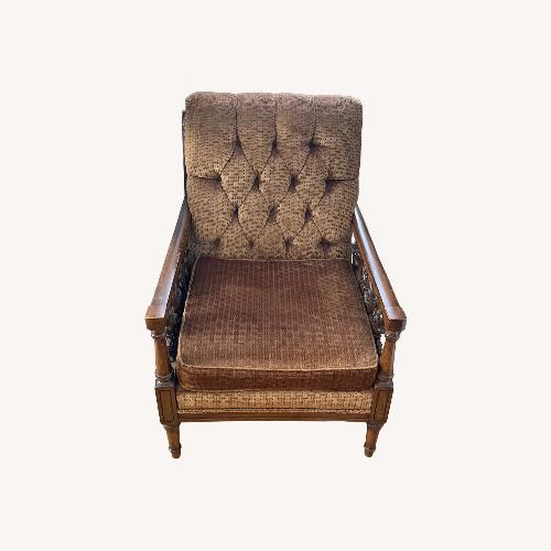 Used Vintage Tufted Armchair w Carved Wood Detail for sale on AptDeco
