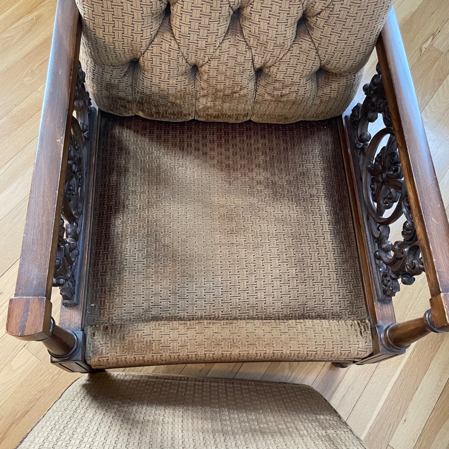 Vintage Tufted Armchair w Carved Wood Detail - image-3