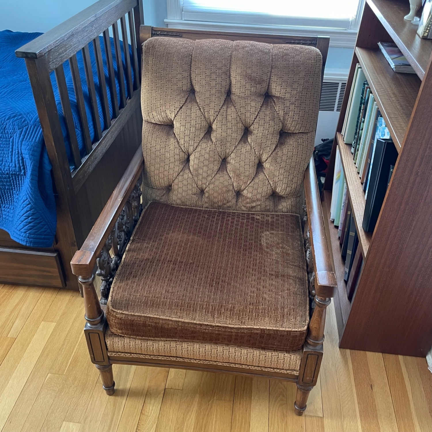 Vintage Tufted Armchair w Carved Wood Detail - image-1