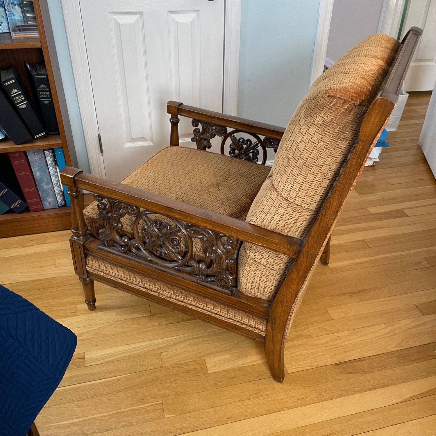 Vintage Tufted Armchair w Carved Wood Detail - image-6