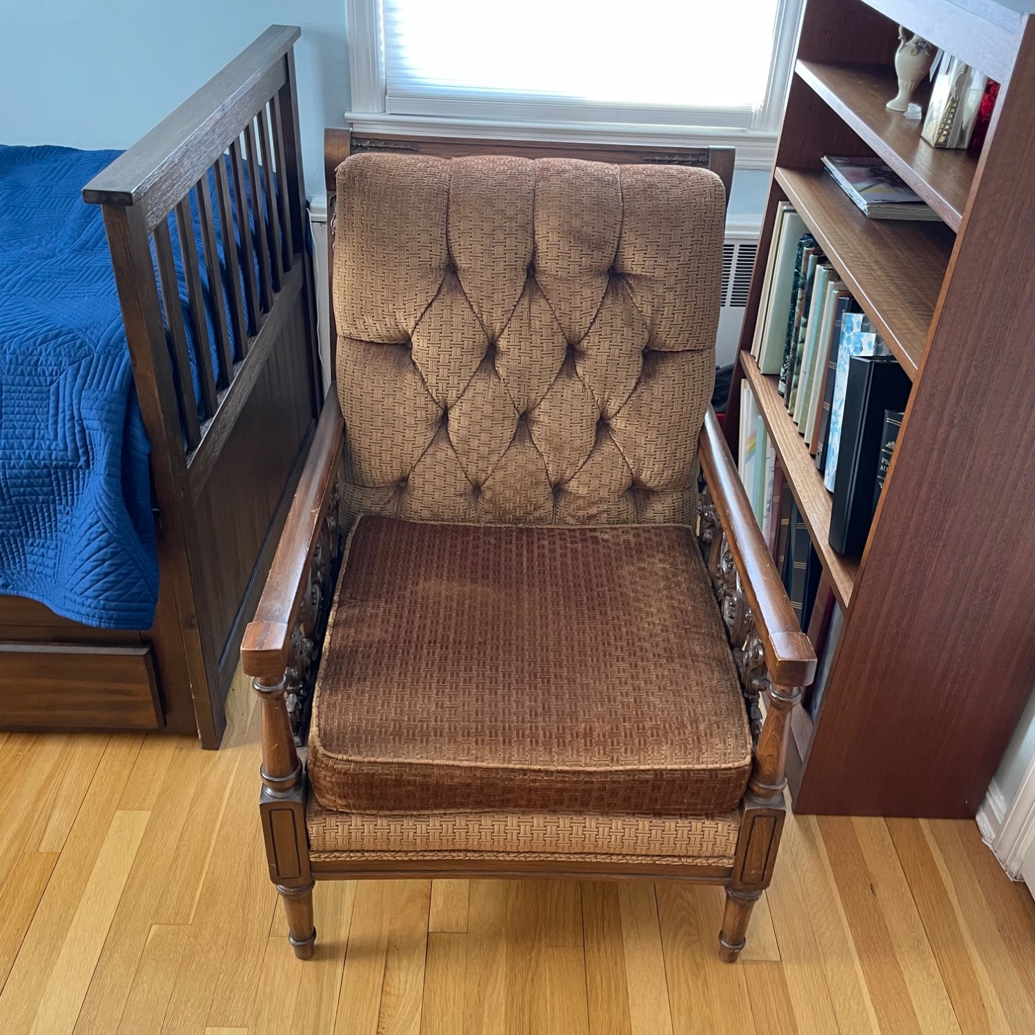 Vintage Tufted Armchair w Carved Wood Detail - image-2