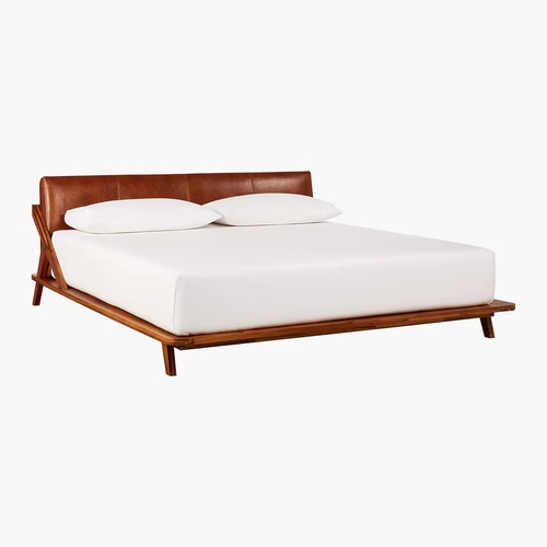 Used CB2 Drommen Light Brown Wood and Leather King Bed for sale on AptDeco