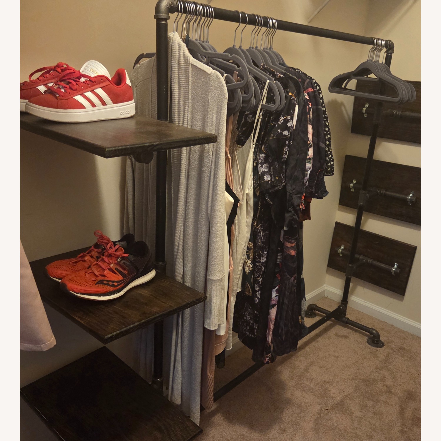 Industrial Pipe Garment Rack w Wood Shelves - image-1