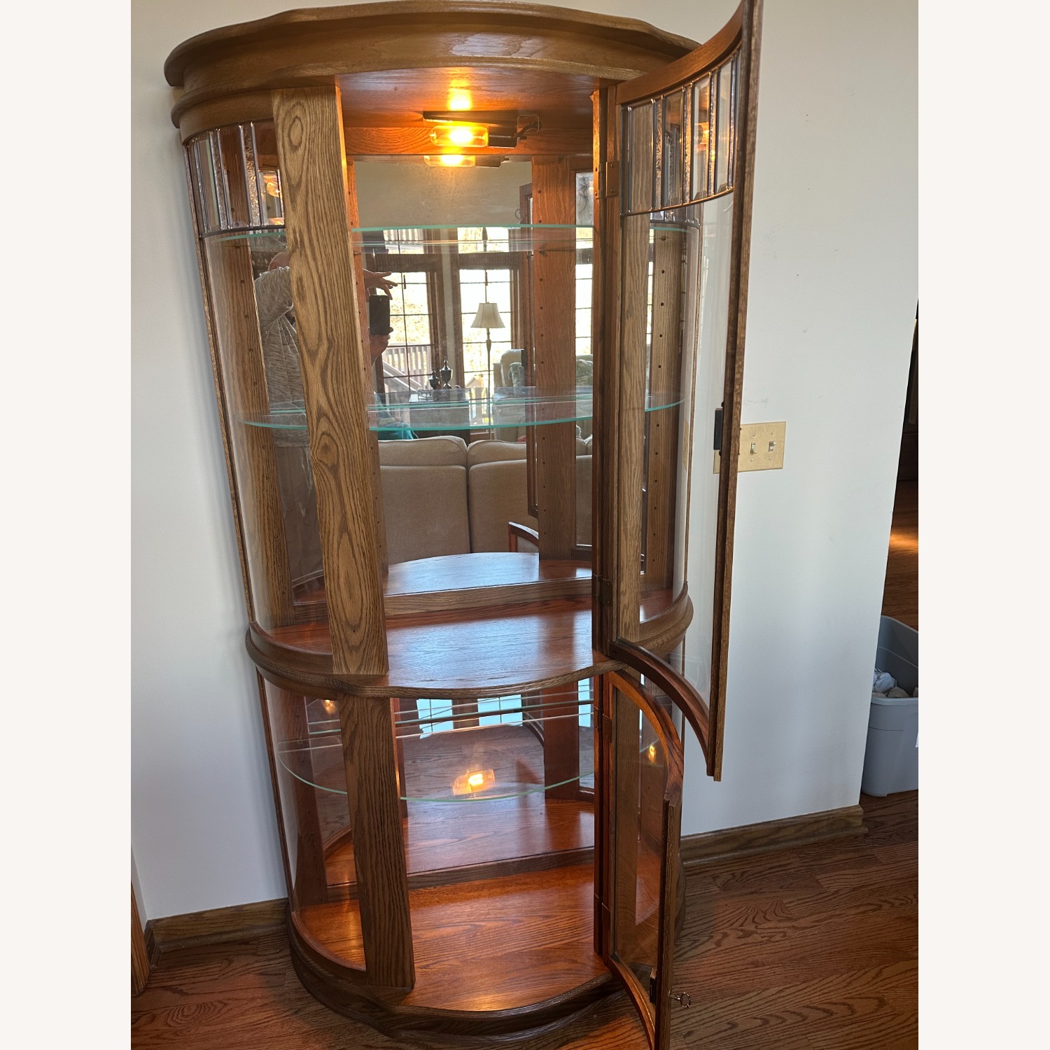 Lighted Oak Curio Cabinet W Glass Shelves - image-2